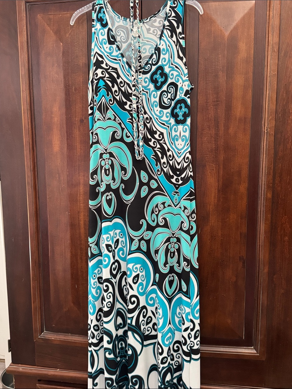 Cache Teal Black White Paisley Maxi Dress EUC